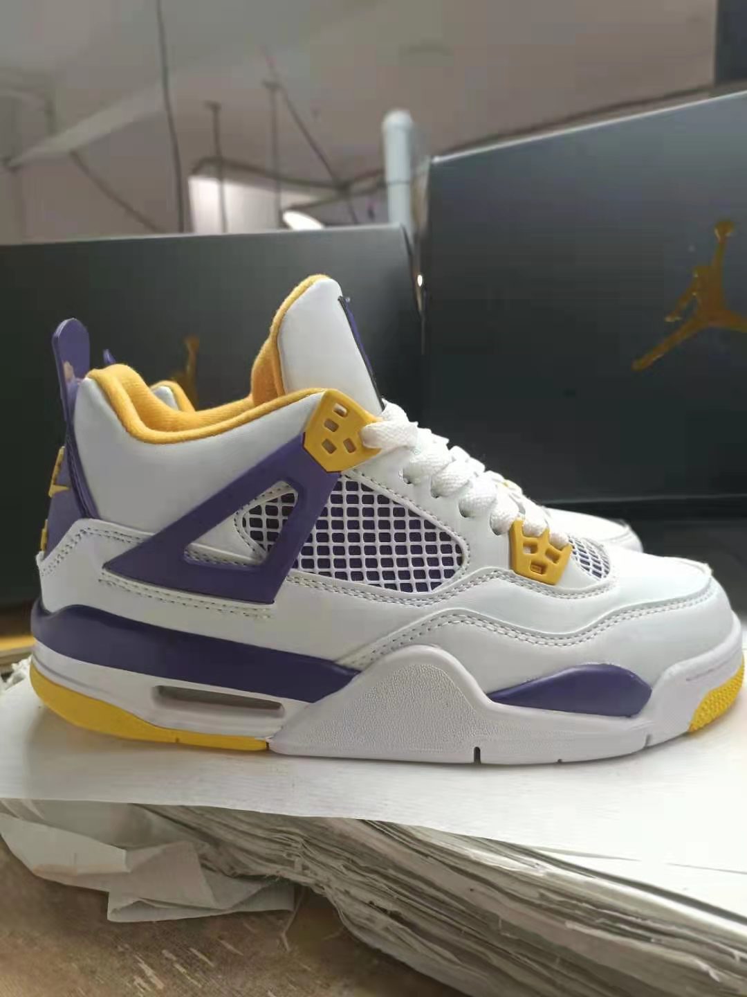 2021 Air Jordan 4 Lakers White Yellow Purple Shoes - Click Image to Close